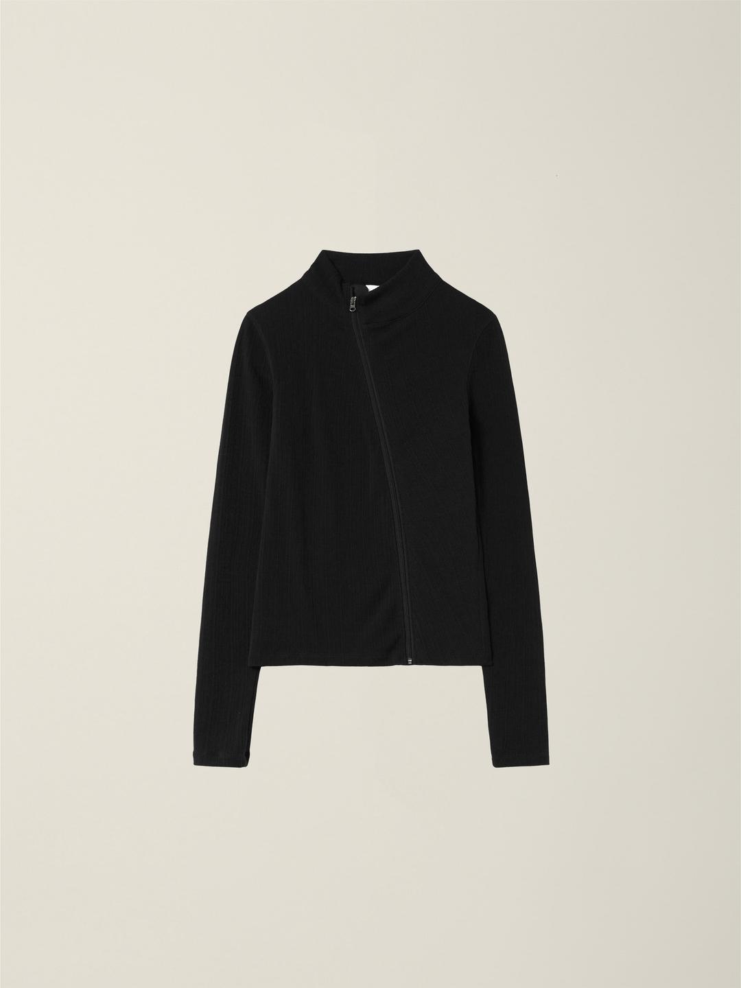 WOMENS CURVED RIBBED ZIP-UP   BLACK