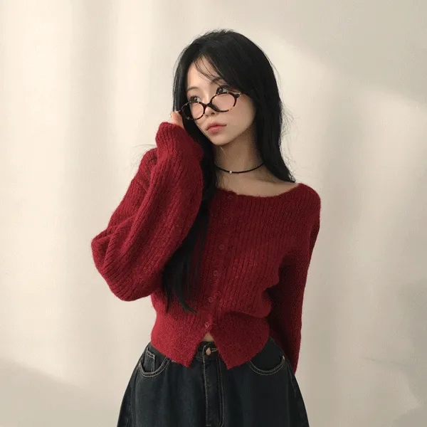 [울함유,고퀄❤/예쁨보장] 허리잘록~ 도톰 골지 입술넥 크롭 울 니트가디건 (5color)