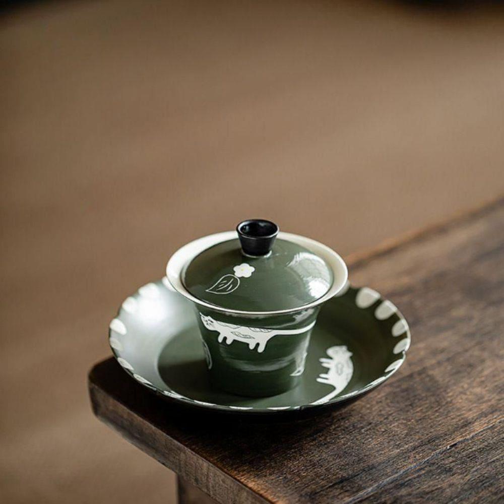 코히키 올리브 고양이 다도 개완 세트 150ml