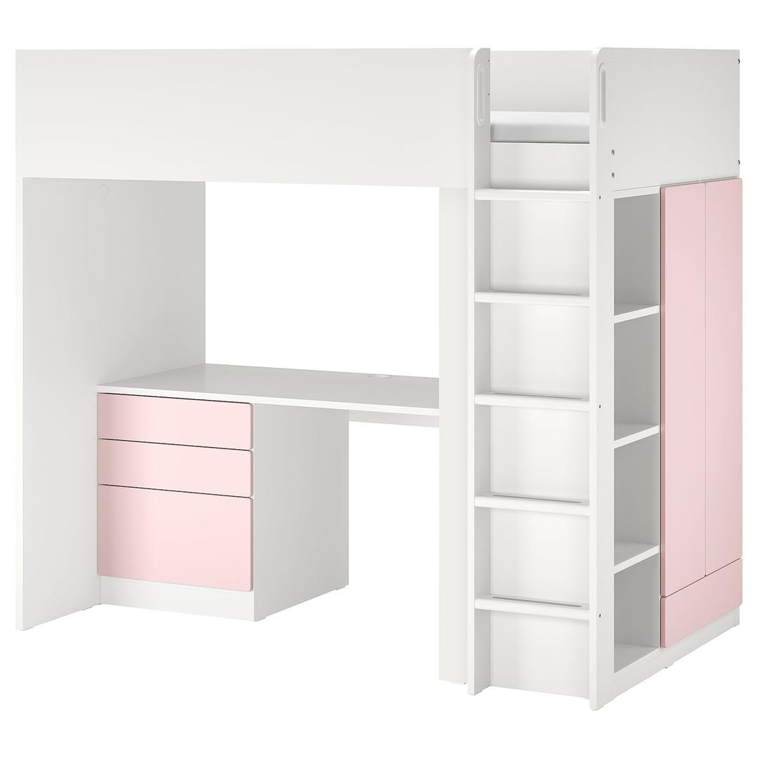 SMÅSTAD 스모스타드 로프트침대 - 화이트 페일핑크/+책상 +서랍4 90x200 cm