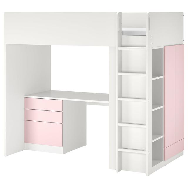 SMÅSTAD 스모스타드 로프트침대 - 화이트 페일핑크/+책상 +서랍4 90x200 cm