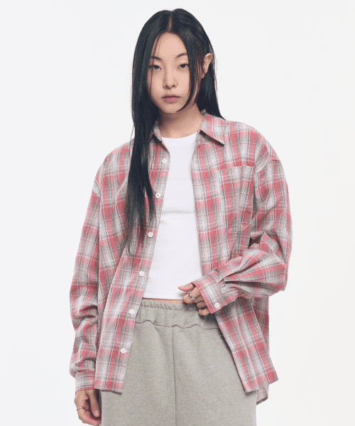 레트로 포켓 체크 셔츠_그레이&핑크