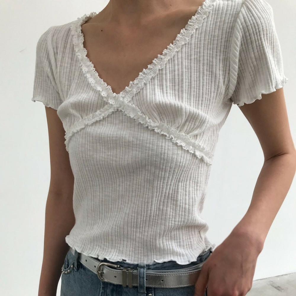 we are 위아 스프링 벨라 티 골지 레이스 반팔 데일리 t