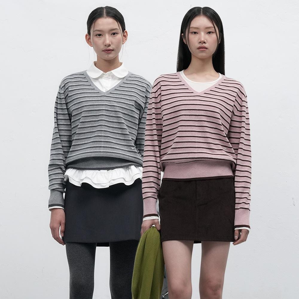 제너럴아이디어 WOMAN 멀티 스트라이프 브이넥 풀오버  [3COL]