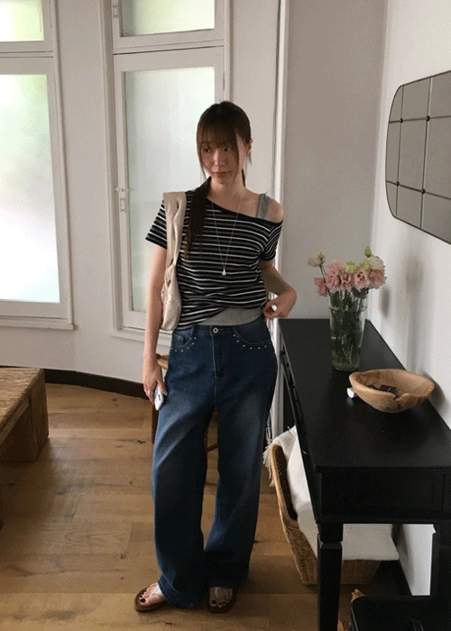 포키 원숄더 스트라이프 반팔티 (1 color)