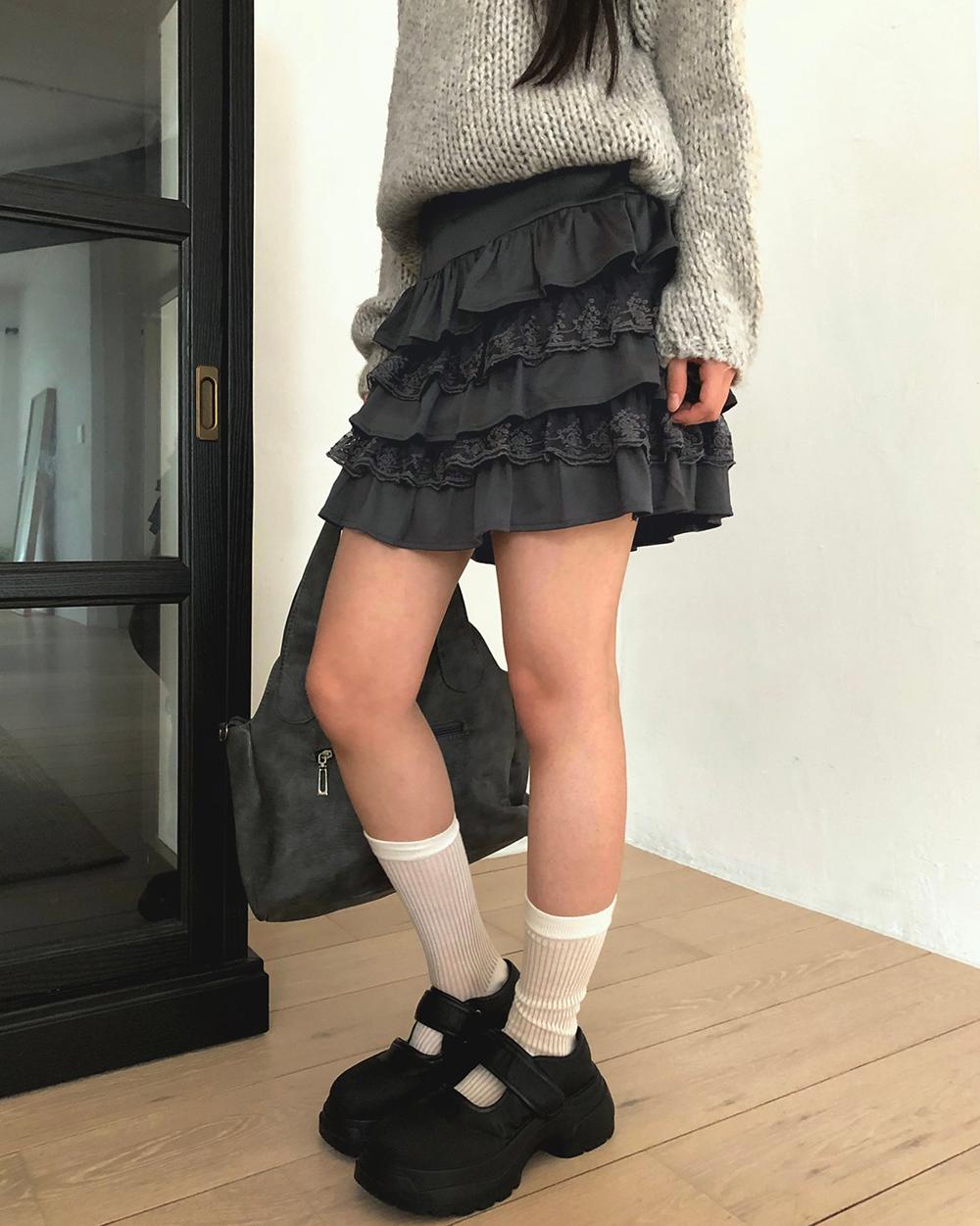 원더원더 [MADE/가을신상❤️] 노마 레이스 프릴 밴딩 캉캉 미니 스커트