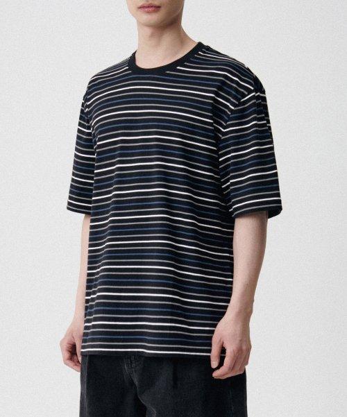 멀티 스트라이프 릴렉스드 반팔 티셔츠 1 [블랙/블루]
