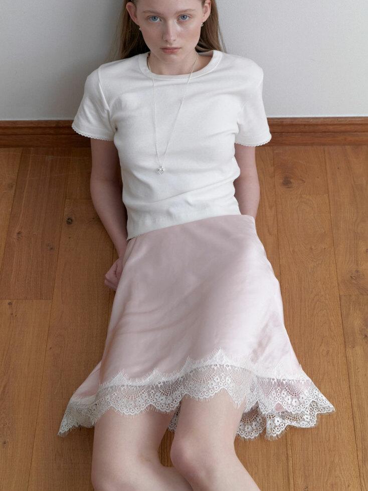 Vintage Lace Satin Midi Skirt_Peach Pink (L251MSK010)