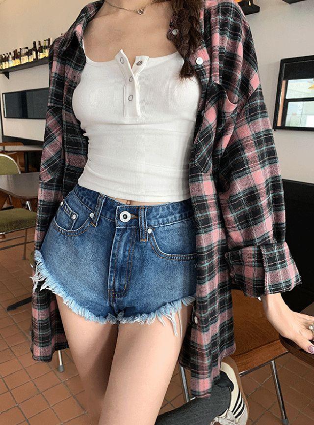 팁스 핑크 체크 오버핏 카라 롱 셔츠