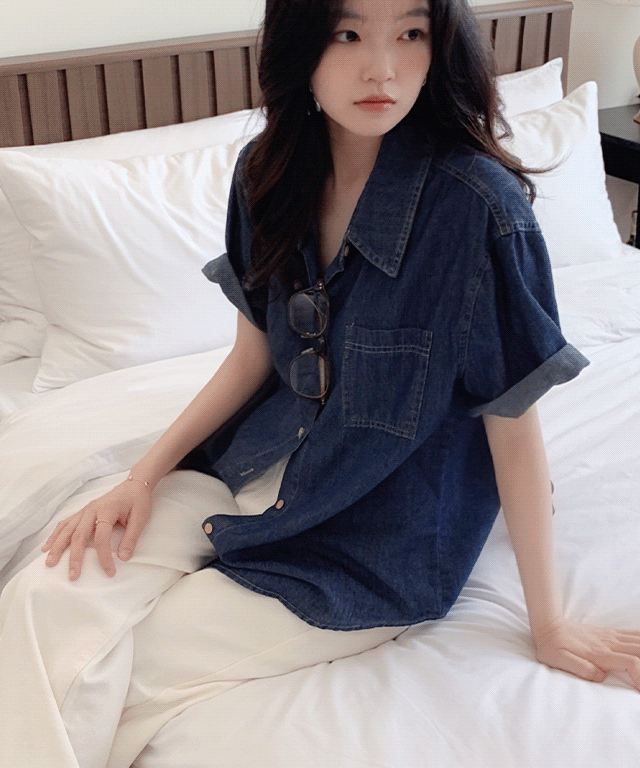 큐브 데님 남방 반팔 셔츠