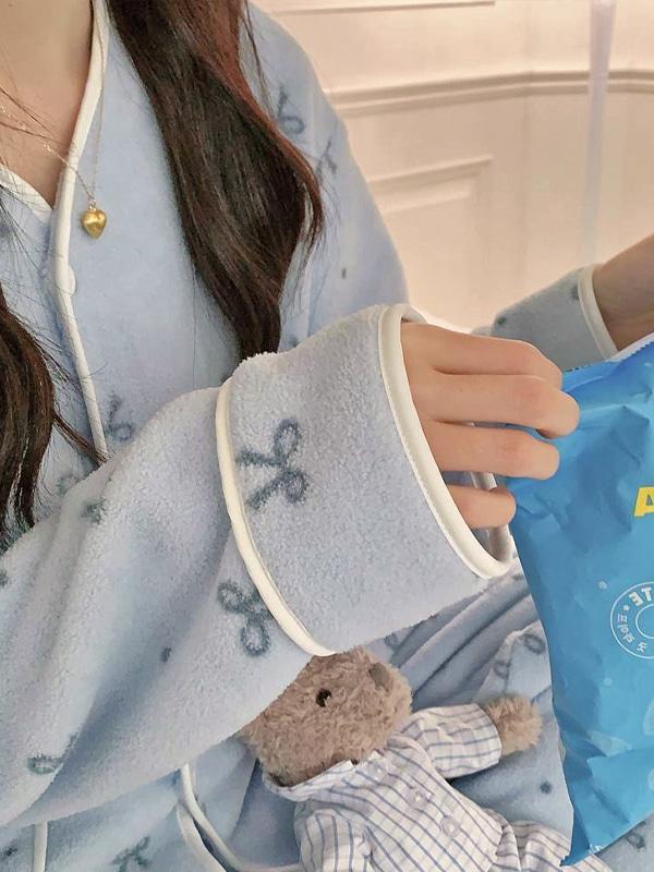 크림블루리본 도톰 상하세트 파자마 수면 잠옷