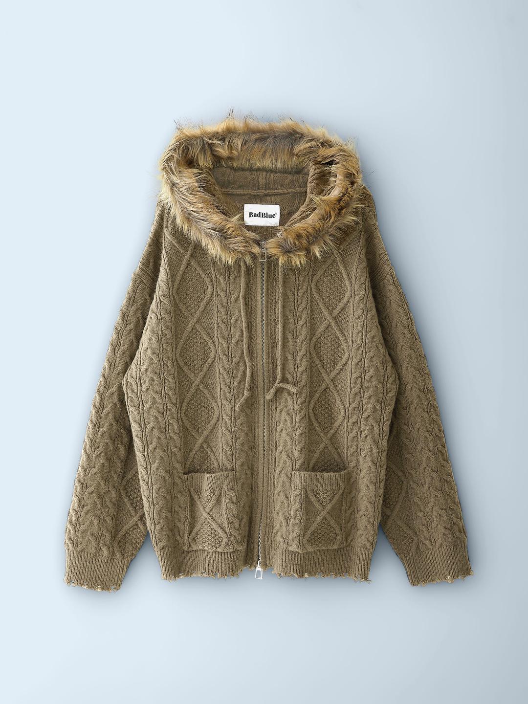 Removable Shearling Knit Hoodie Zip Beige