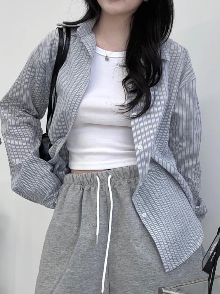 오브니 스트라이프 루즈핏 긴팔 셔츠(스카이블루)