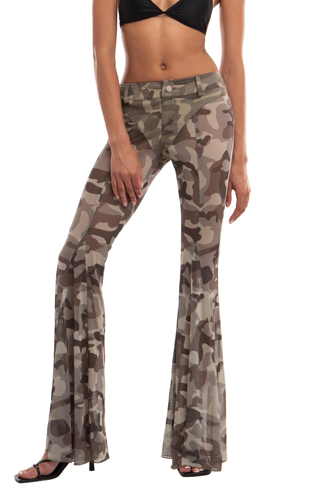CAMOUFLAGE PRINT PATCHWORK MESH FLARE PANTS - XS