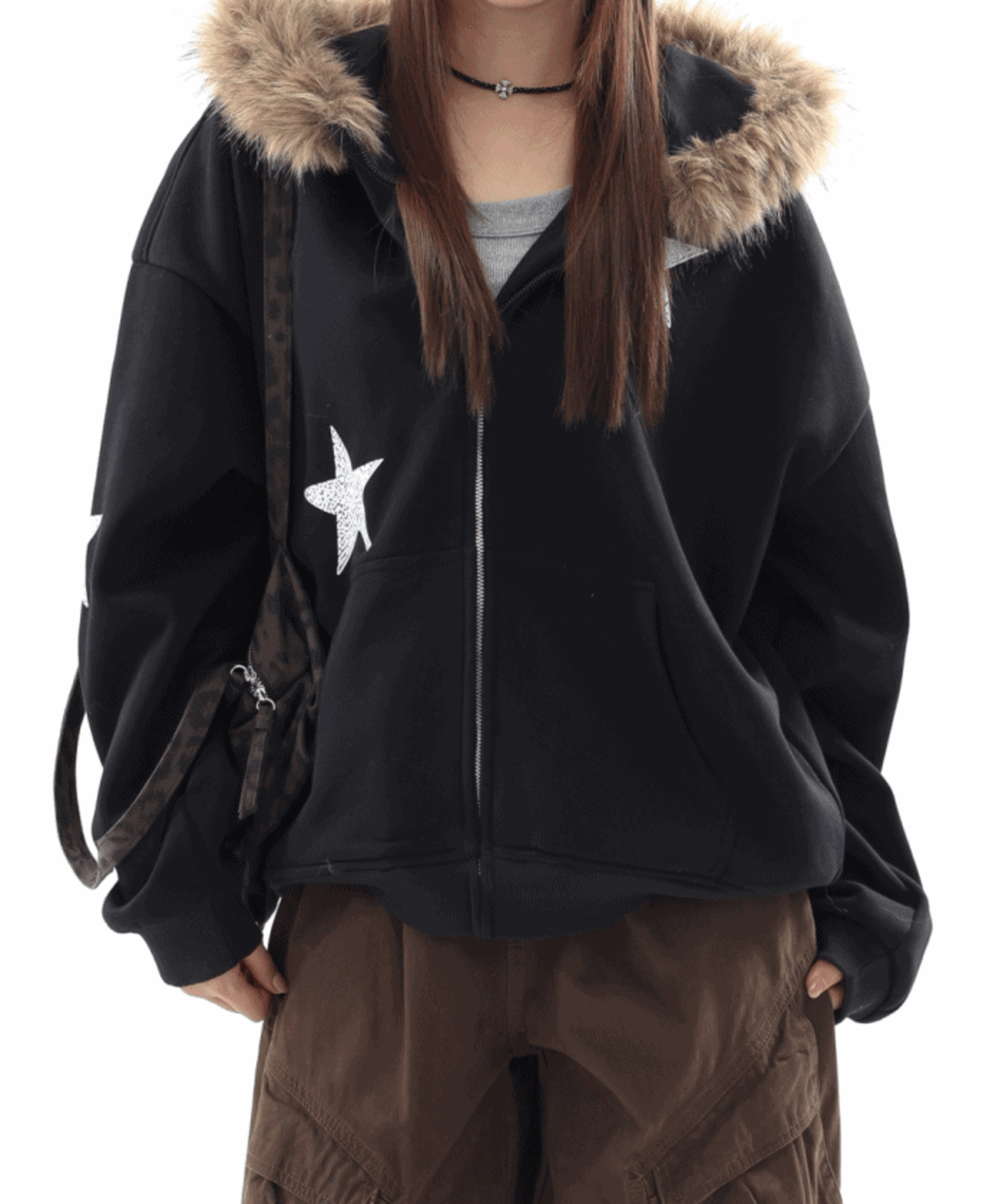 스타 프린트 퍼 기모 오버핏 후드 집업