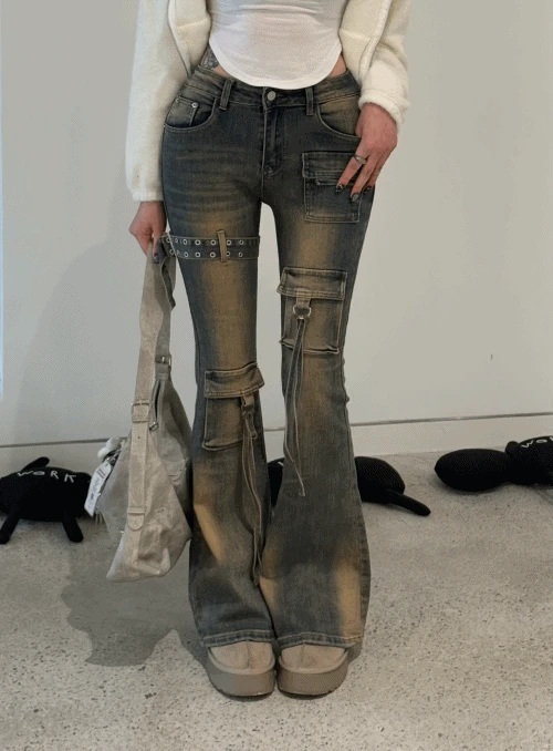 MULTI POCKET BELT BOOTS CUT DENIM (2color)