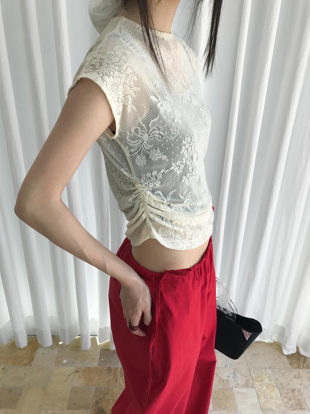 Mesh Flower Top, Cream Beige (2c)