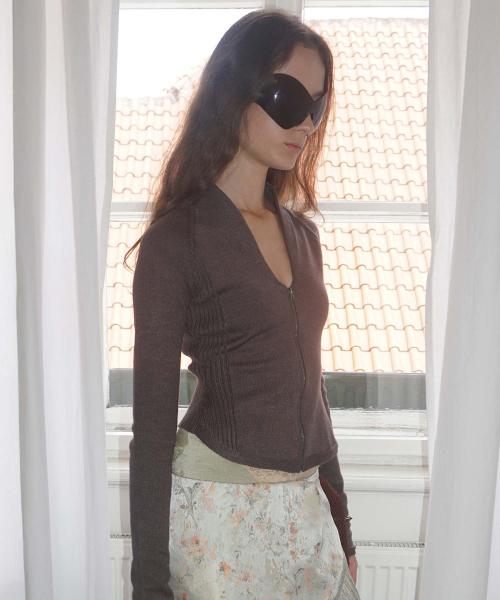 Open Collar Knit Zip-Up Mocha