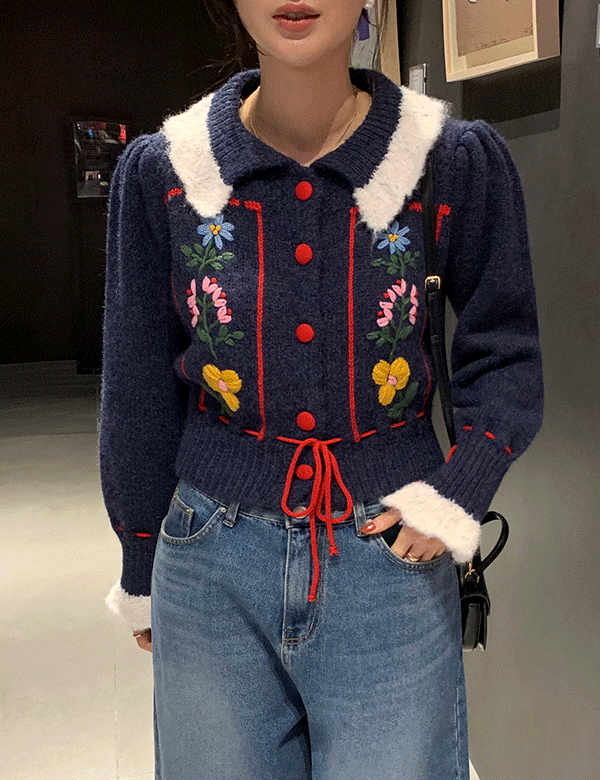 [니쁜스단독30%할인][프리미엄퀄리티]제인 플라워 손뜨게 배색가디건