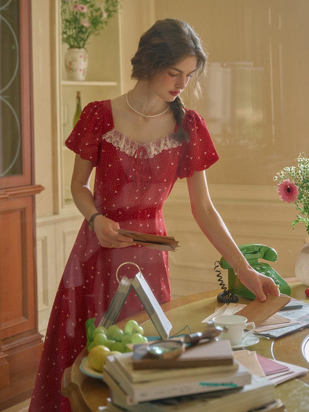 Emma Square Neck Lace Puff Sleeves Dress - Red / S