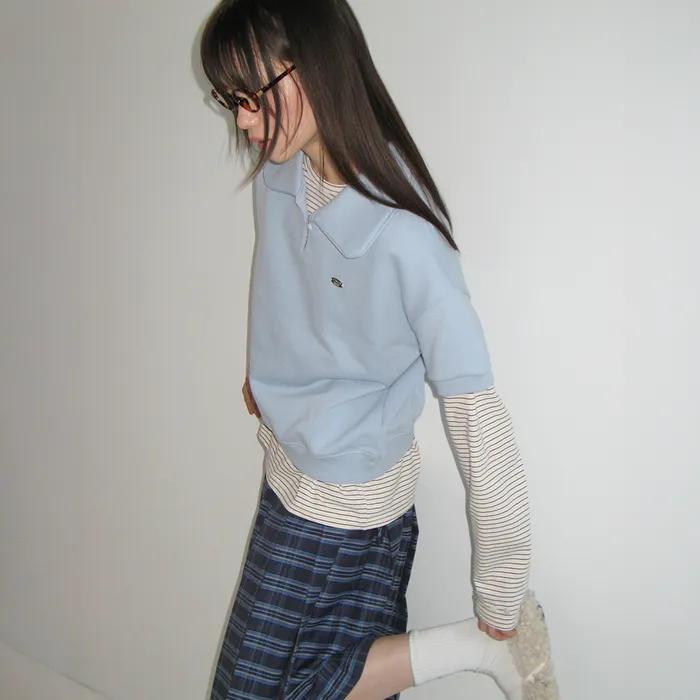 BUTTONED COLLAR HALF T SHIRT SOFT BLUE