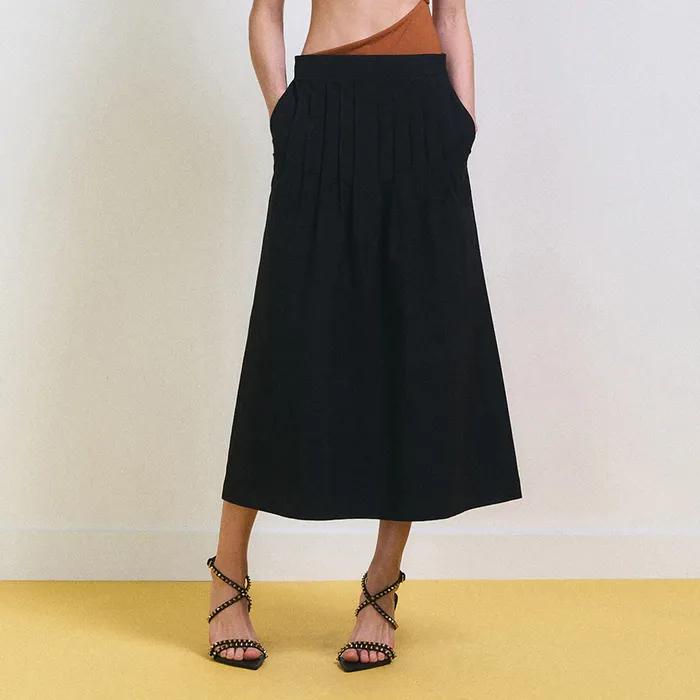 Tuck Detail Long Skirt (Black)