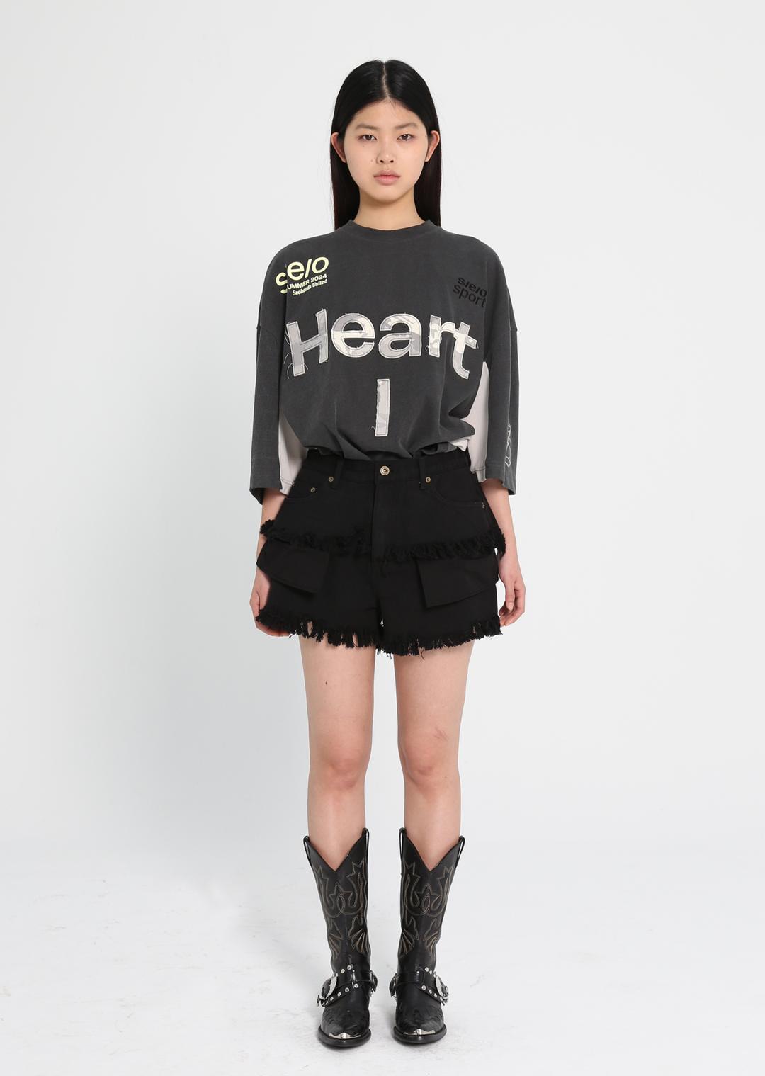 EXPOSED POCKET LAYERED DENIM SHORTS BLACK