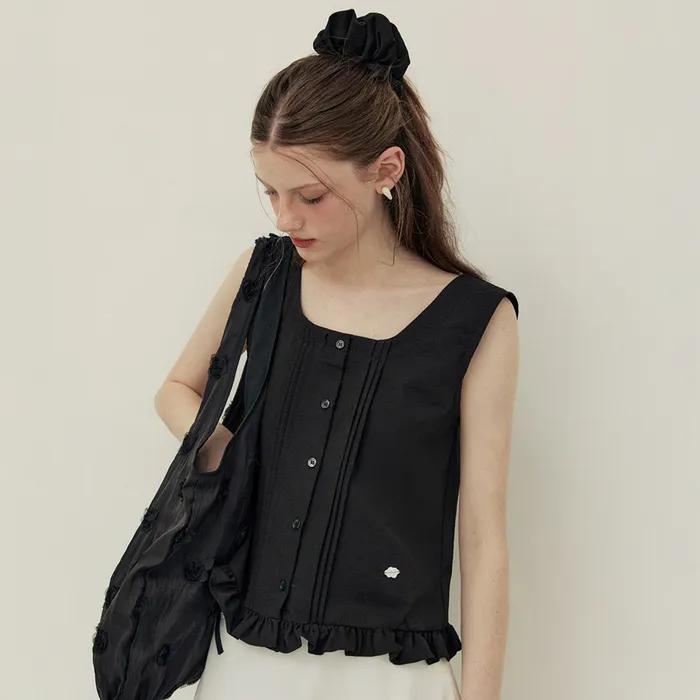Seersucker pintuck line sleeveless blouse - black