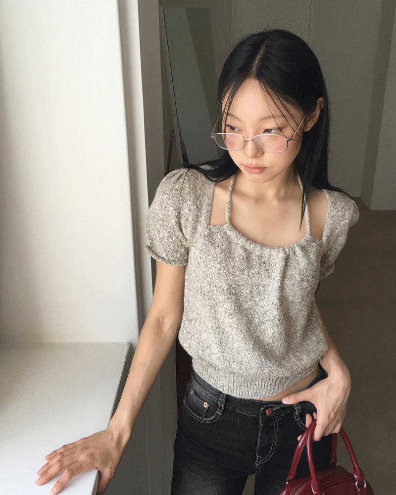 런코 홀터 스트링 끈 퍼프 크롭 반팔 니트