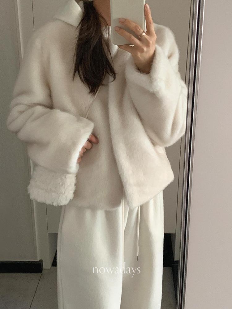 나우어데이즈 liter 리터 샌드 밍크 퍼 자켓 노카라 라운드 싱글 숏 jk (2col)