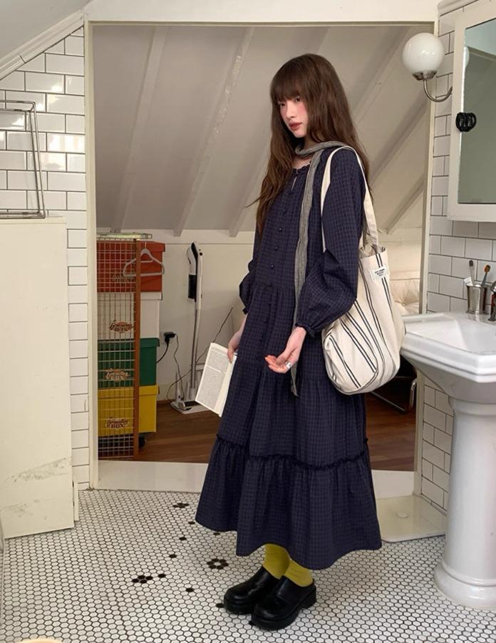 RAINY 체크 레이스 퍼프 슬리브 원피스 (2color)