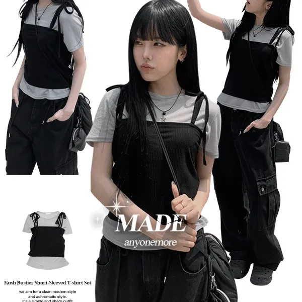 [특가세일🖤][주문폭주][MADE]쿠시 뷔스티에 반팔 티셔츠 세트