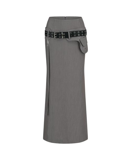 Pocket Belt Long Skirt Gray
