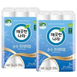 깨끗한나라  순수 프리미엄 3겹 27m 30롤x2팩/무색/무향/무형광/천연펄프100