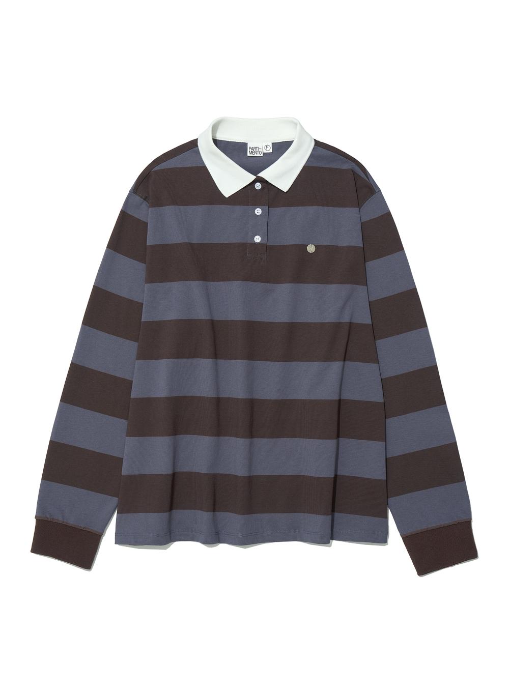 [WOMEN] WIDE STRIPE LONG SLEEVE POLO TEE_BROWN