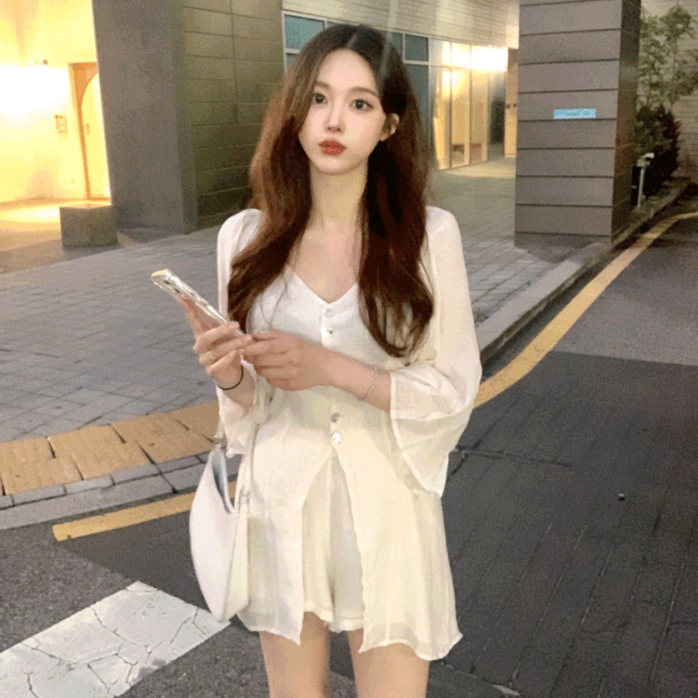 무배🚀 [1만원쿠폰❤남심폭격🔥] 여리청순 여리핏 시스루 트임 프릴 끈 린넨 롱 러블리 쉬폰 블라우스 + 절개 밴딩 숏 팬츠 반바지 세트 새틴 A라인 7부 긴팔 투피스 원피스 발레코어룩