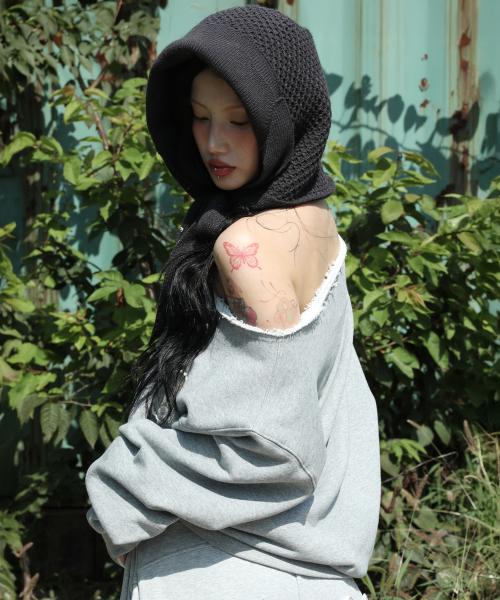 WXT067 구르구르 아플리케 원숄더 맨투맨 (MELANGE GRAY)