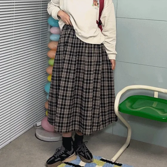 [~88]전체밴딩'◡'기모 체크스커트 빈티지 심플 베이직 체크무늬 밴딩 플레어 롱스커트(가을겨울)
