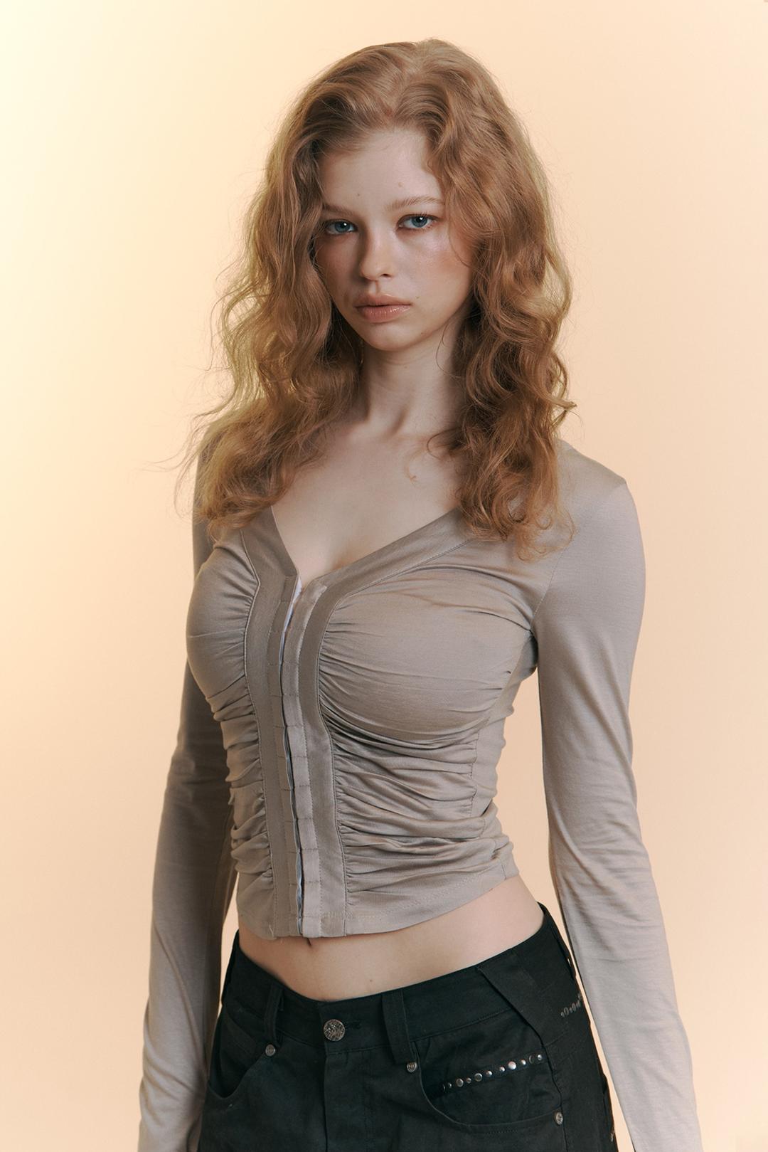 Candela Hooked Shirring Long Sleeve Top (Mocha Grey)