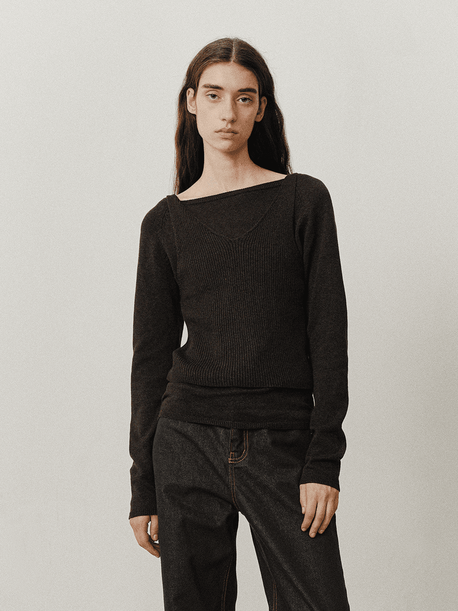 TVF COTTON CASHMERE LAYERED KNIT TOP_BROWN