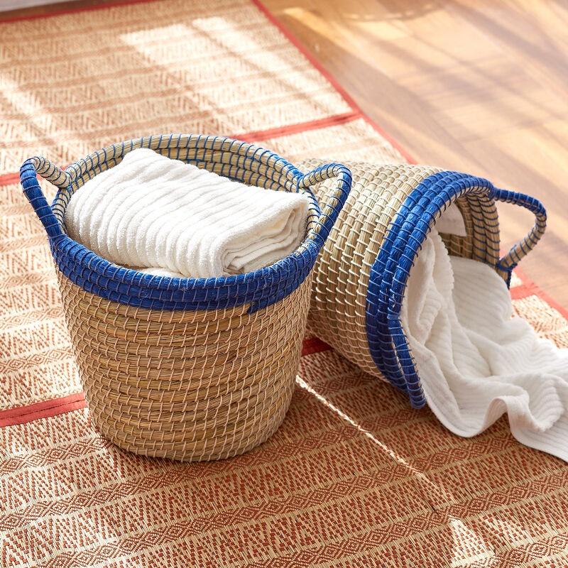 핸드메이드 내추럴 주뜨 블루 라운드 핸들 바구니 바스켓