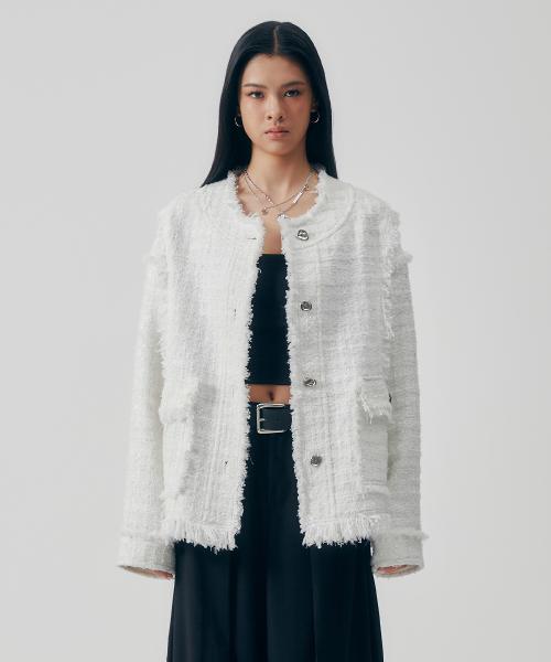 Frayed Trim Tweed Over-fit Jacket [ White ]