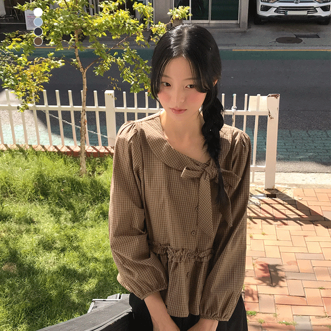 [빈티지/가을🤎] 체크리본프릴긴팔블라우스 (4color)