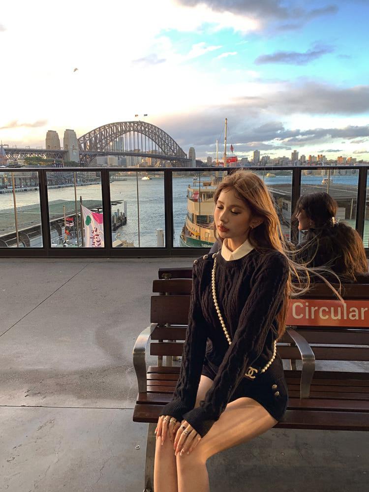 아이비 리그 페이크 투피스 셔츠 칼라 케이블 스웨터