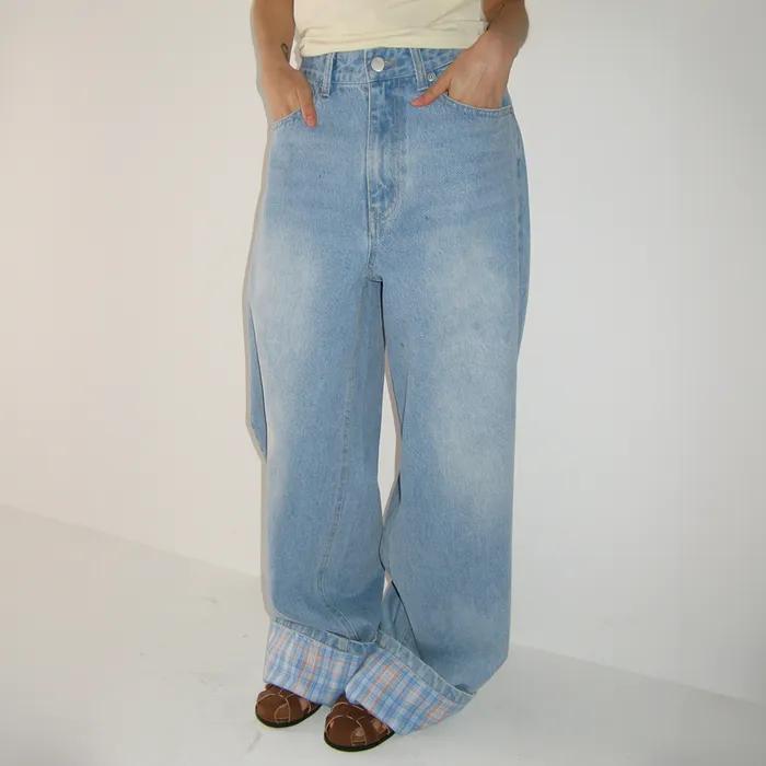 PATCH ROLL UP DENIM PANTS LIGHT BLUE CHECK