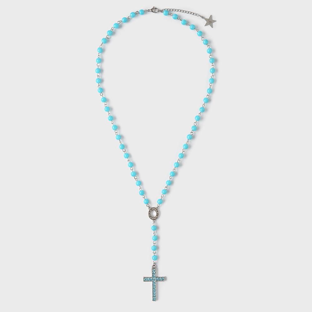 CROSS & BEADS NECKLACE (NEON BLUE)