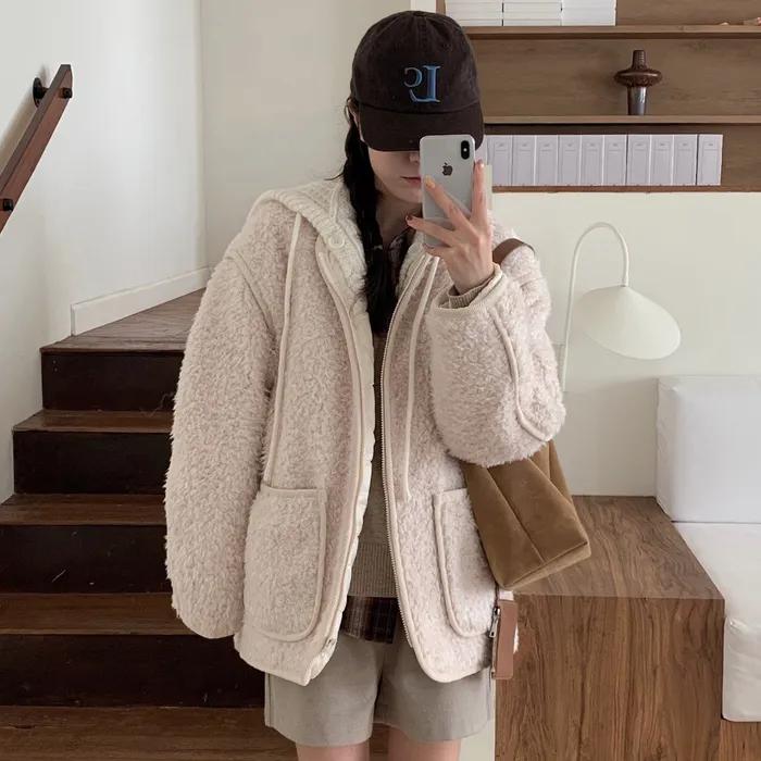 [알로하 PICK] 니트 후드 퀼팅 퍼 자켓 라이트베이지 MDJK048LBEIGE