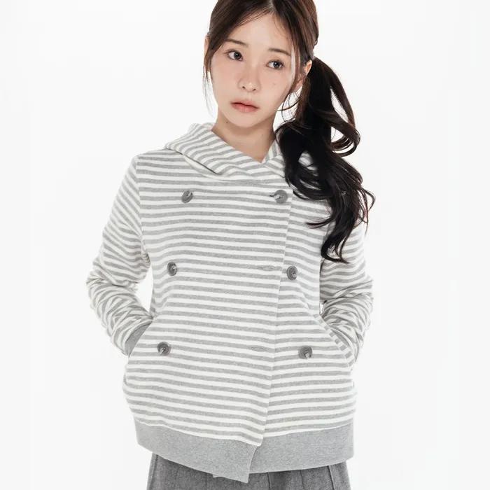 더블버튼 스트라이프 후드자켓_크림메란지그레이