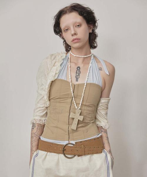 Farm Corset Halter Top Beige/Sky Blue
