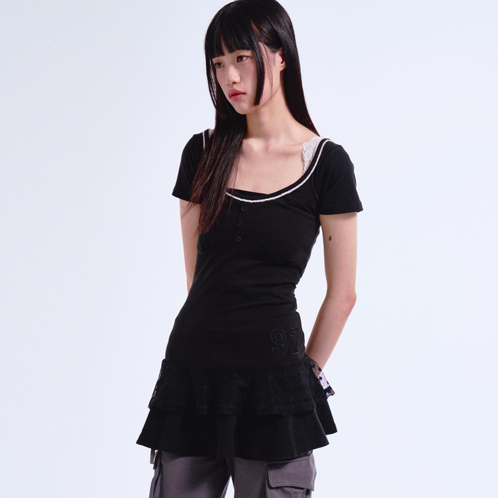 SHIRRING LACE FRILL TEE BLACK
